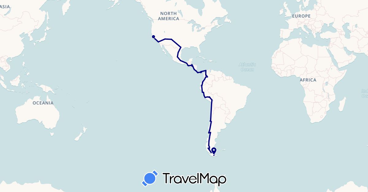 TravelMap itinerary: driving in Argentina, Chile, Colombia, Costa Rica, Ecuador, Guatemala, Honduras, Mexico, Nicaragua, Panama, Peru, United States (North America, South America)